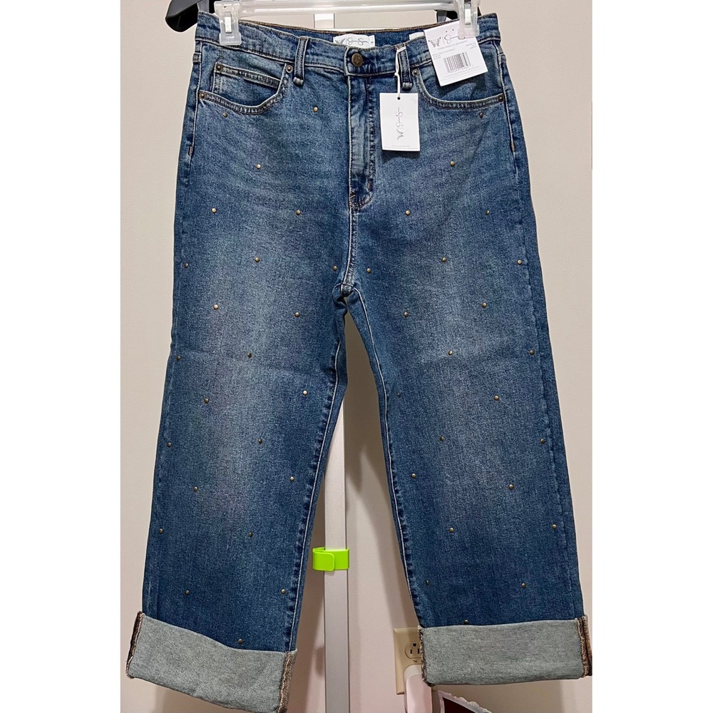 Jessica Simpson Wide Leg Boyfriend Jeans Studded Cuffed/Uncuffed Dark Wash NWT
